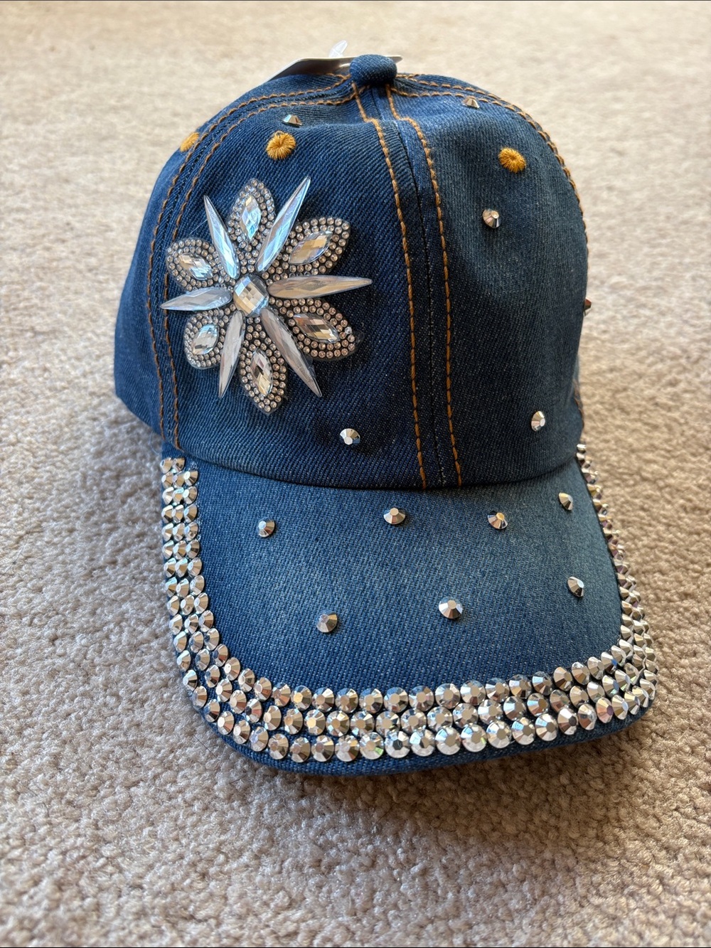 Denim Baseball Cap with Crystal Flower - Blue